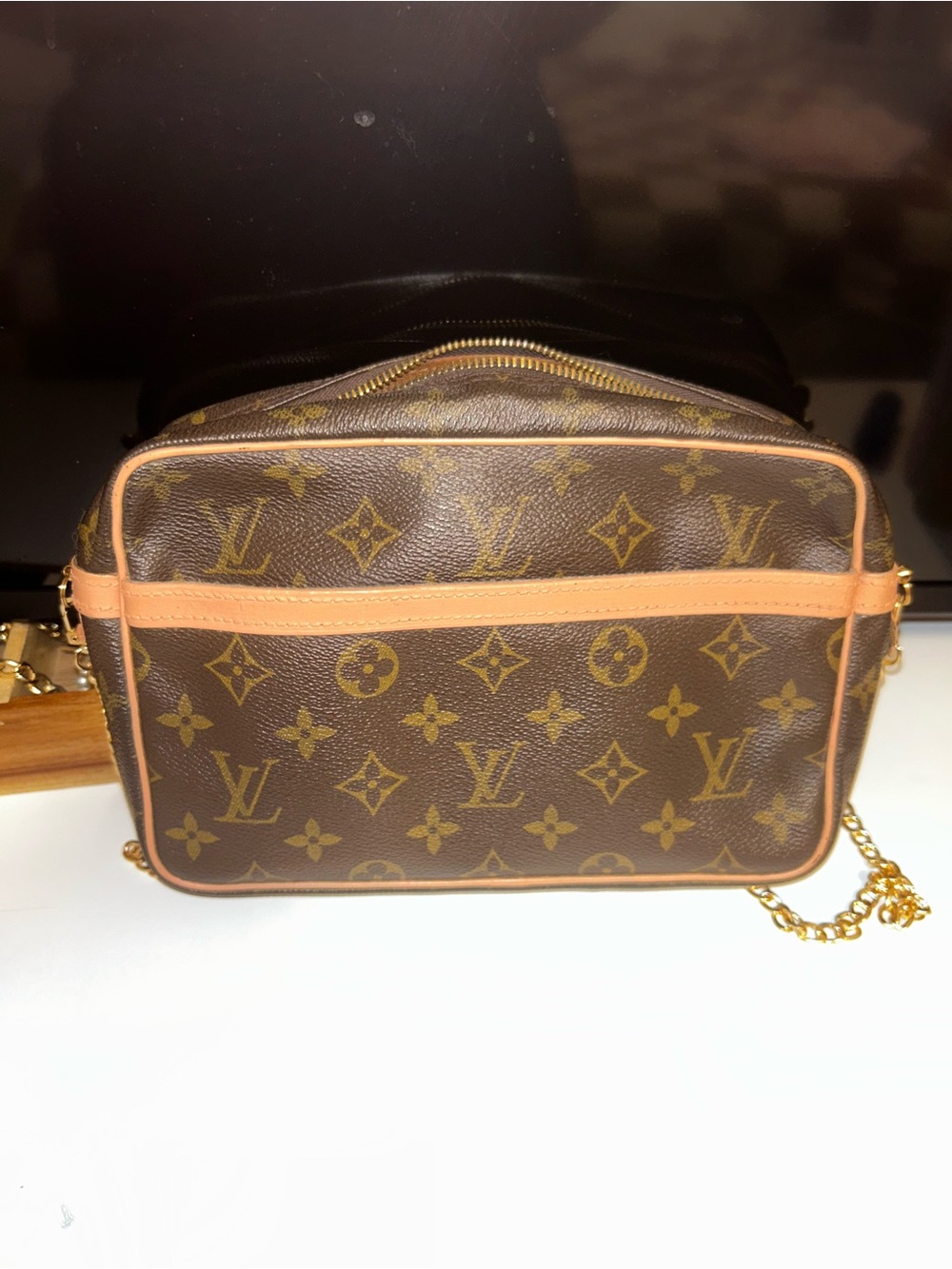 Louis Vuitton Brown Monogram Crossbody with Vachetta Trim and Gold Chain